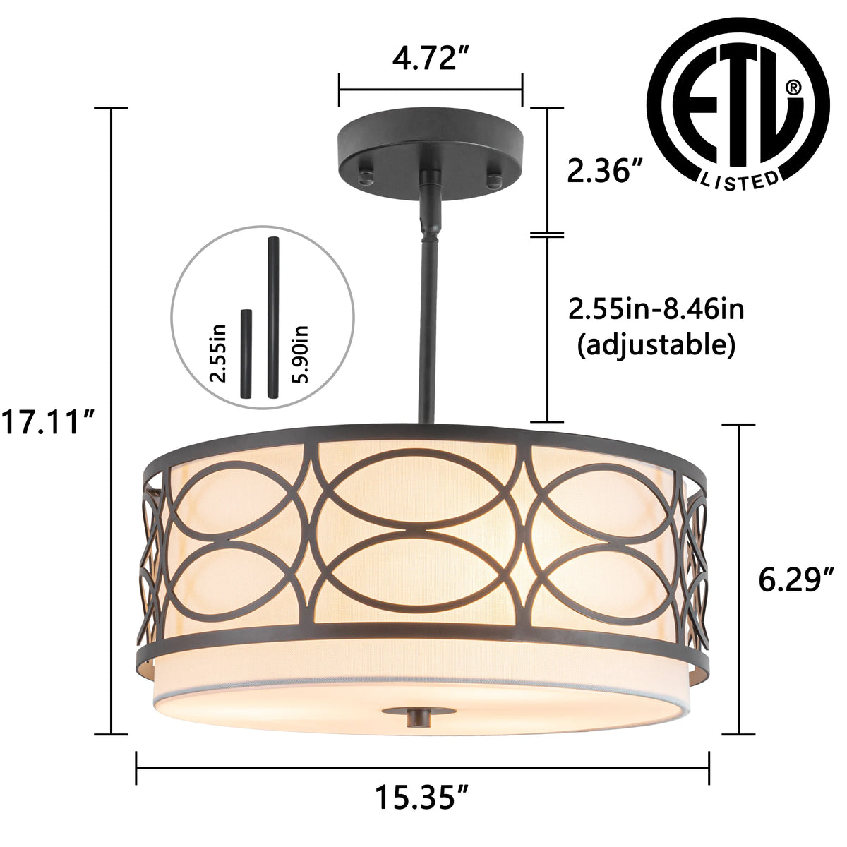 Noirwell 3-Light Black Drum Chandelier