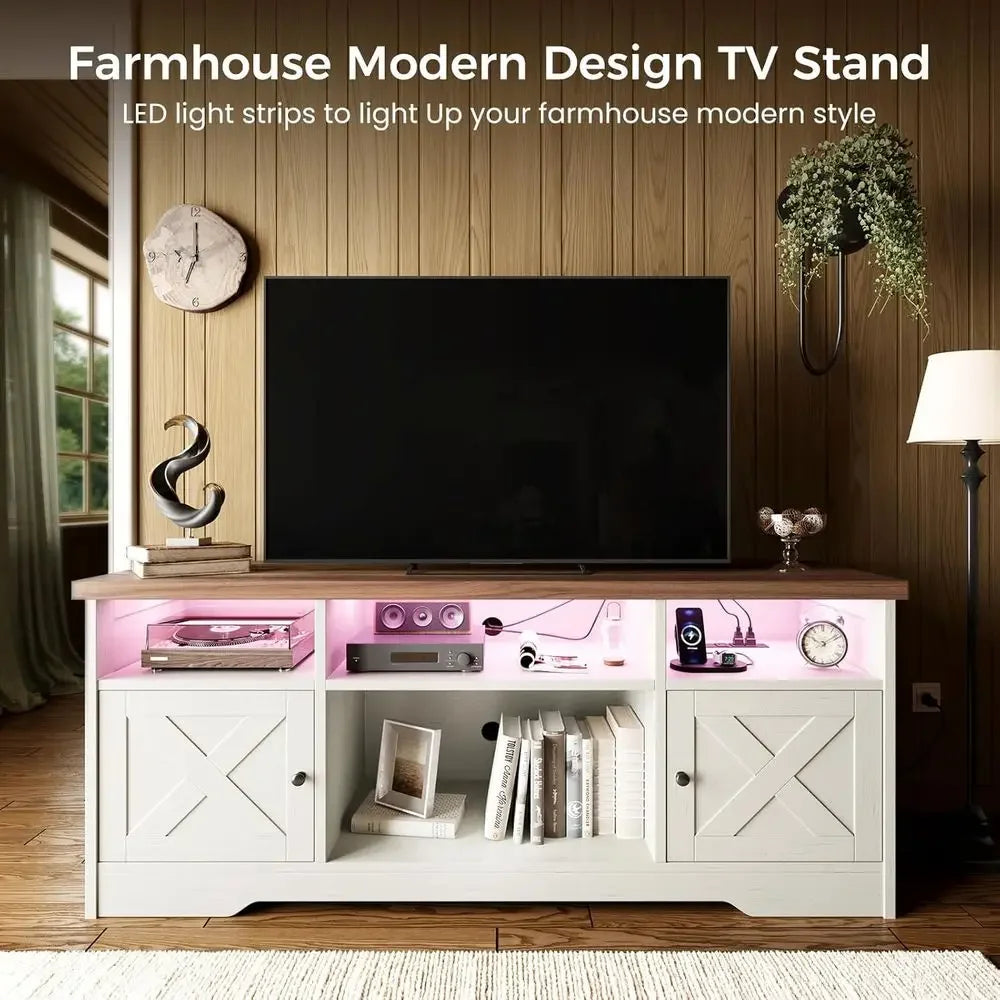 Briarline white X-door TV stand with pink LED lighting across the upper open compartments.