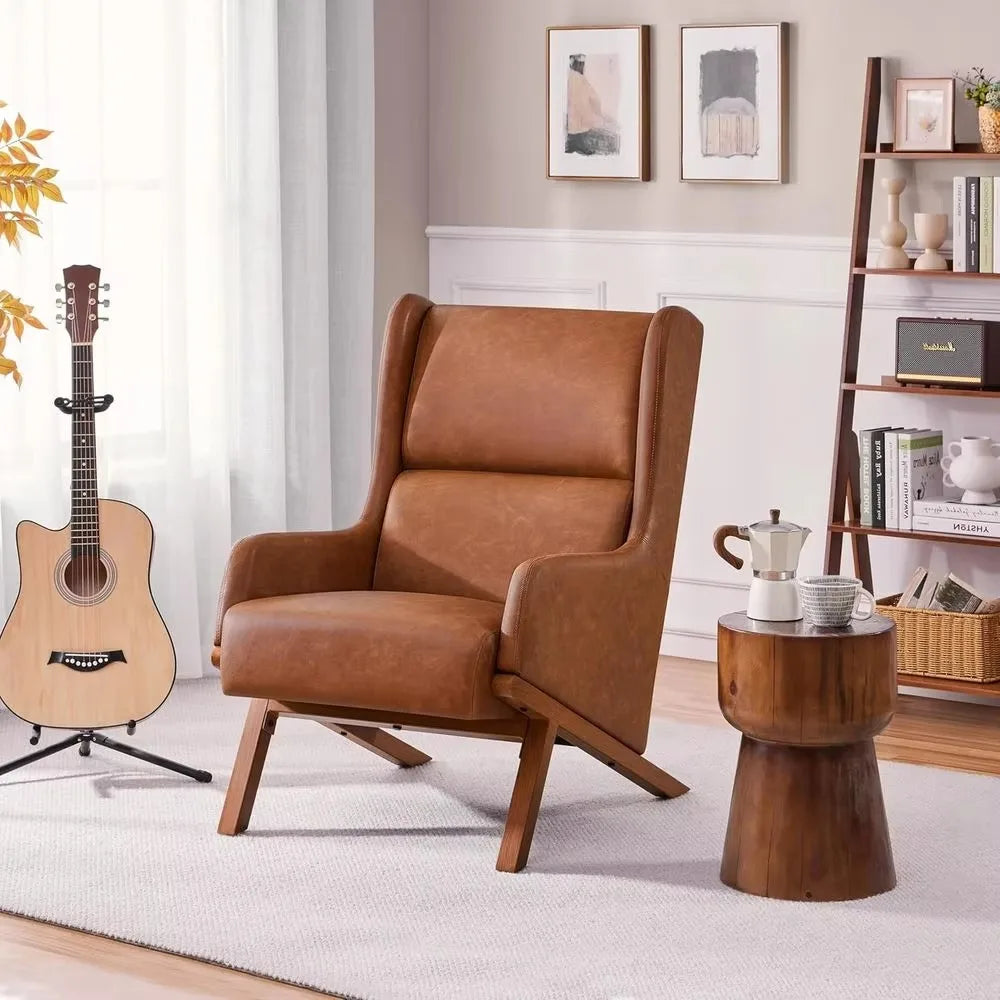 Brondelle cognac PU faux-leather accent chair with angled wood-grain metal legs