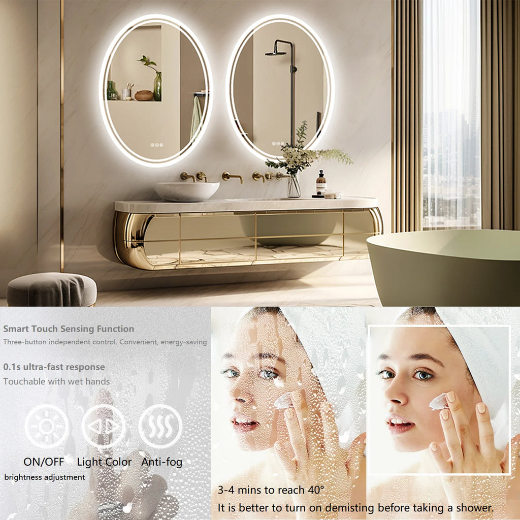 Oval LED Backlit Bathroom Mirror – Anti-Fog, Touch Sensor, Silver Finish