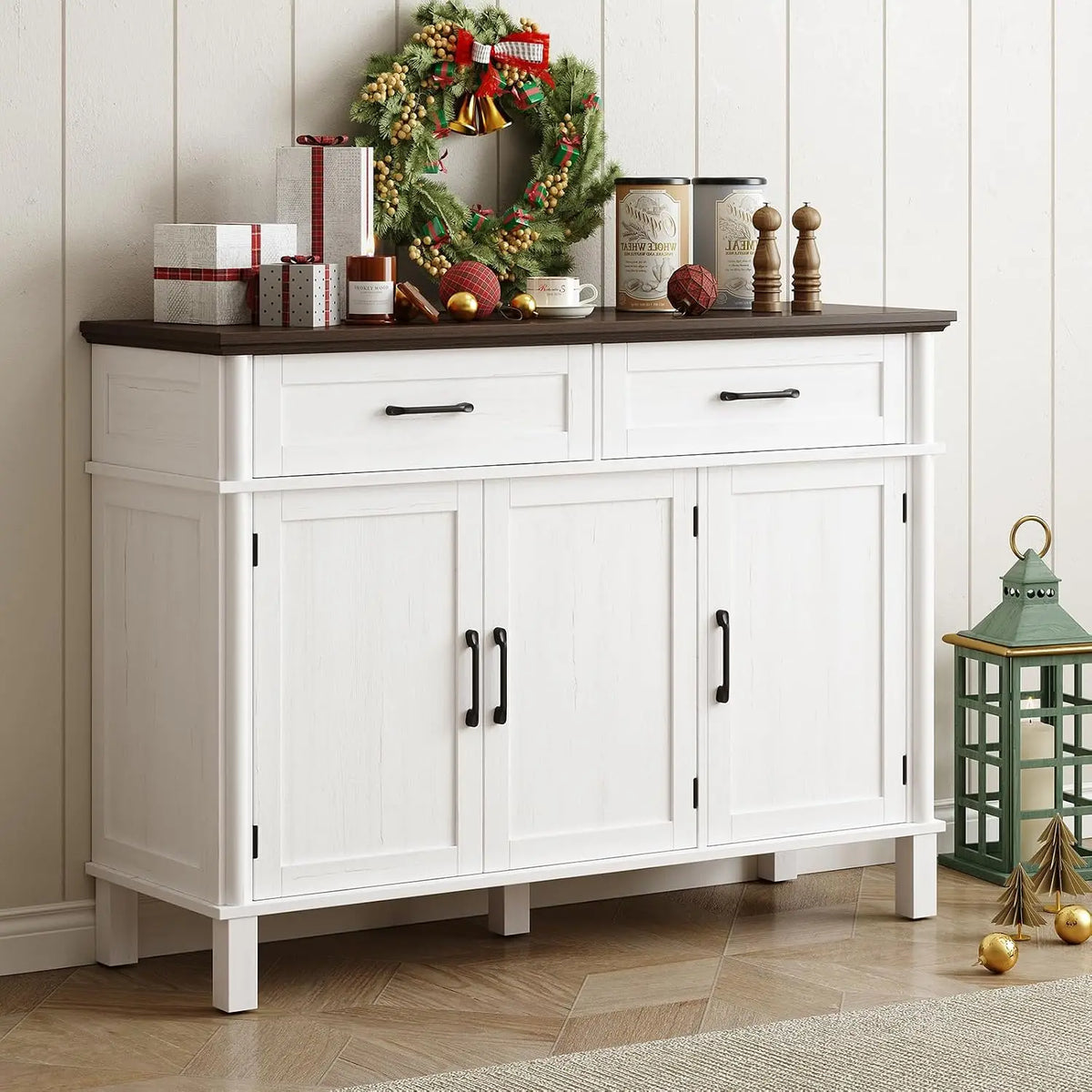 Ivory Reedhalo sideboard with a brown top and festive decorations