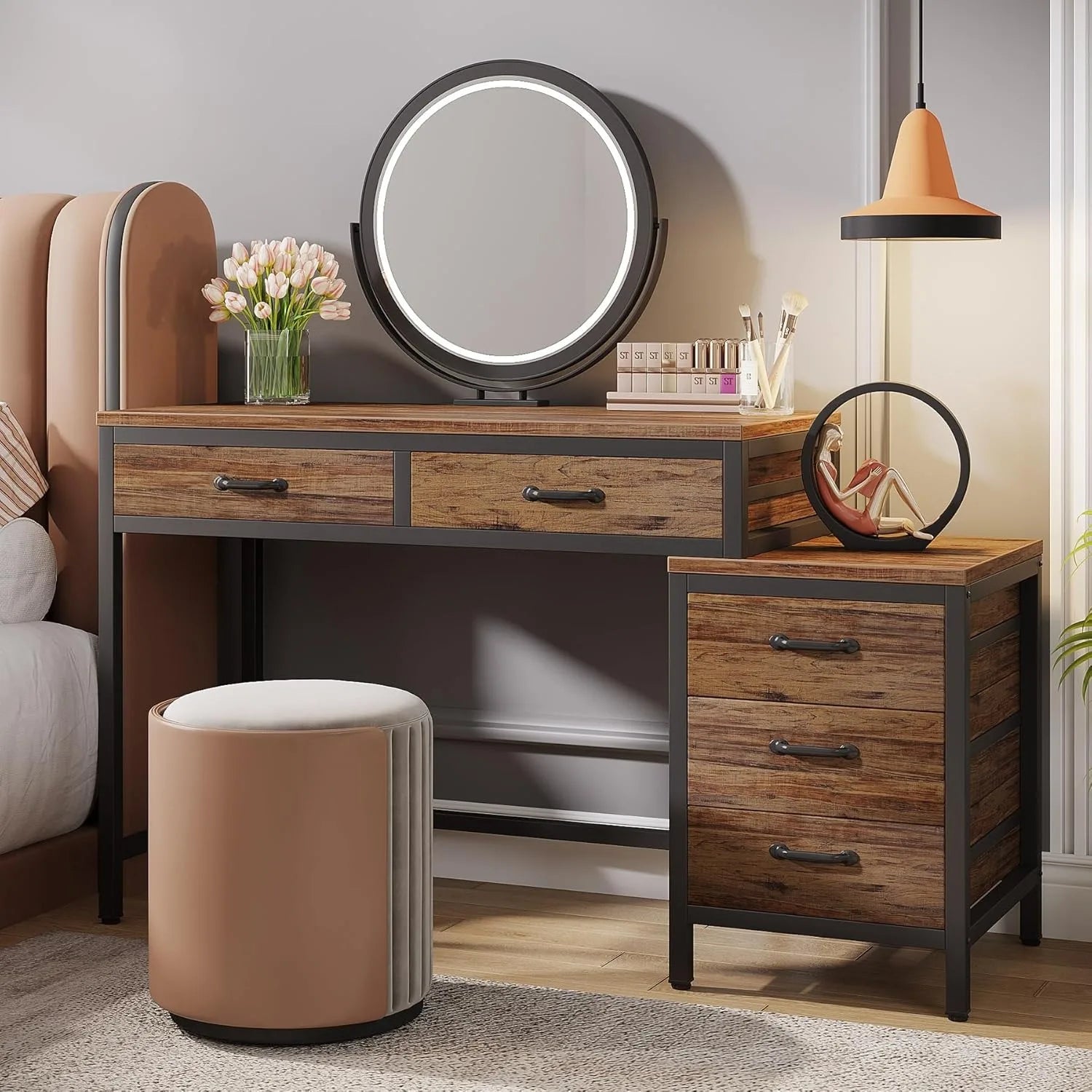 Rustic Industrial Vanity Desk with Drawer Storage