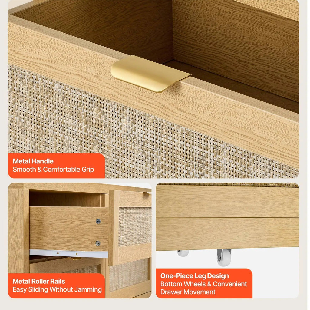 Wooden drawer with metal handle and roller rails on a white background