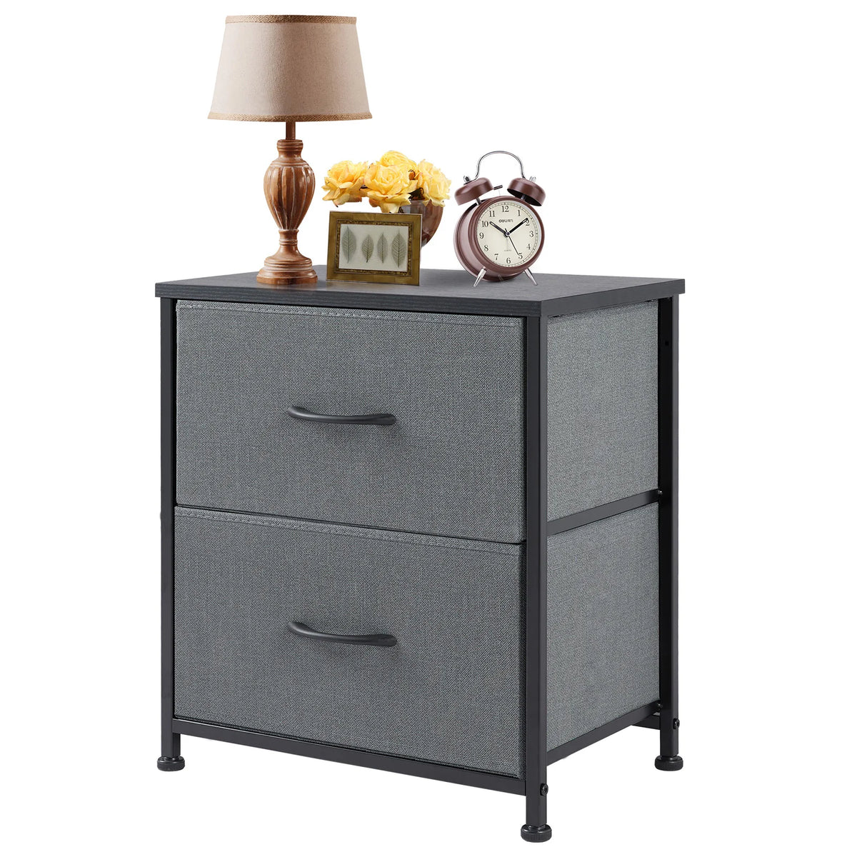 Daydreamrise gray fabric two-drawer storage nightstand isolated on white with decorative lamp