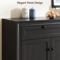 Fablearc Black sideboard detail showing paneled fronts and round knobs.