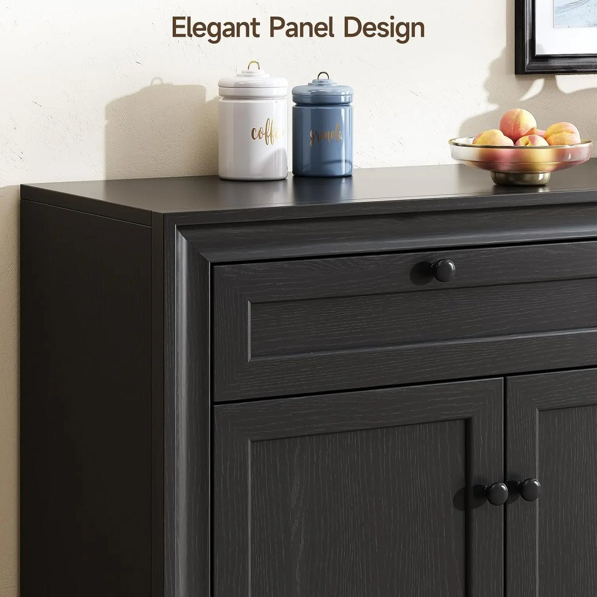 Fablearc Black sideboard detail showing paneled fronts and round knobs.
