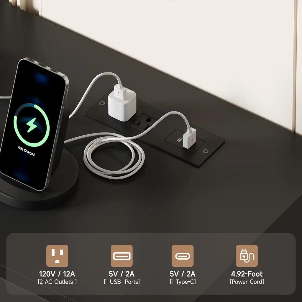 Driftloom tabletop power station showing two AC outlets, USB-A and USB-C ports, rating labels and a 4.92 ft cord.