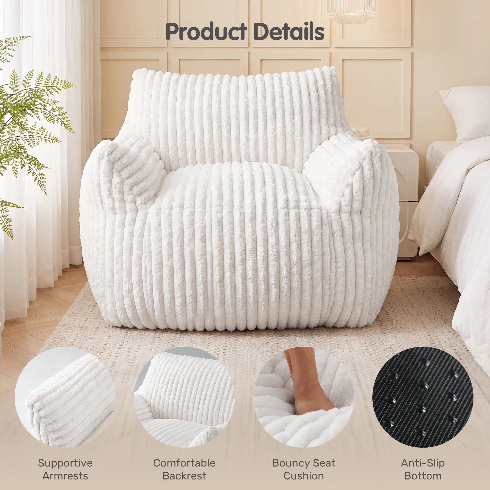 A white ribbed lounge chair in a softly styled bedroom setting, with the text 'Product Details' above and four circular feature callouts at the bottom highlighting supportive armrests, comfortable backrest, bouncy seat cushion, and anti-slip bottom.