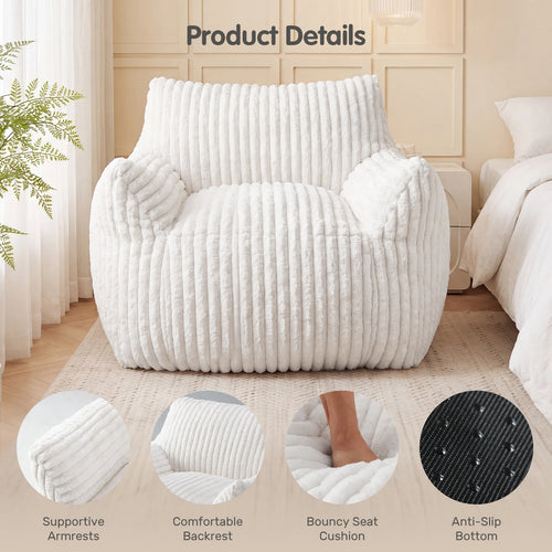 A white ribbed lounge chair in a softly styled bedroom setting, with the text 'Product Details' above and four circular feature callouts at the bottom highlighting supportive armrests, comfortable backrest, bouncy seat cushion, and anti-slip bottom.