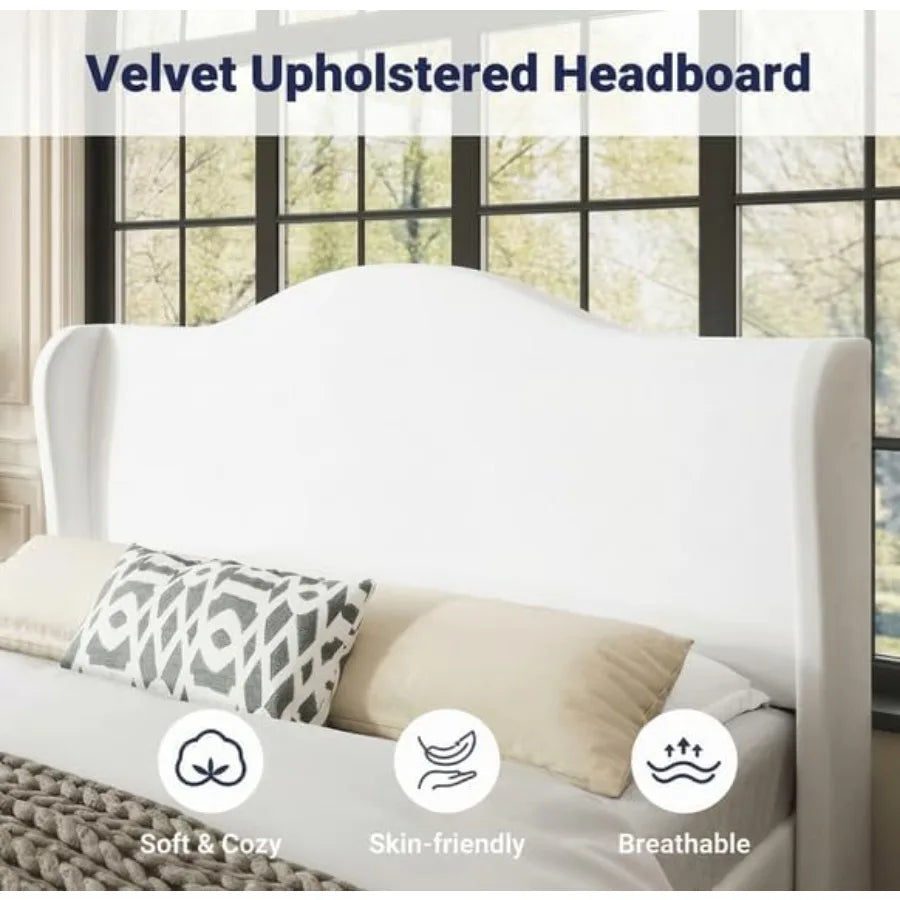 Velvet headboard feature graphic with a close-up of the curved top and side wings.