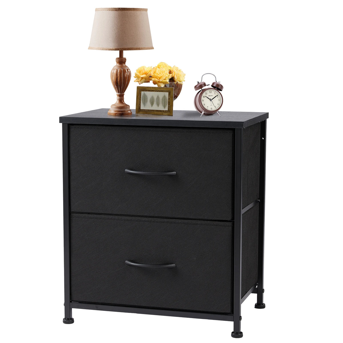 Daydreamrise black two-drawer fabric nightstand with black top and adjustable feet