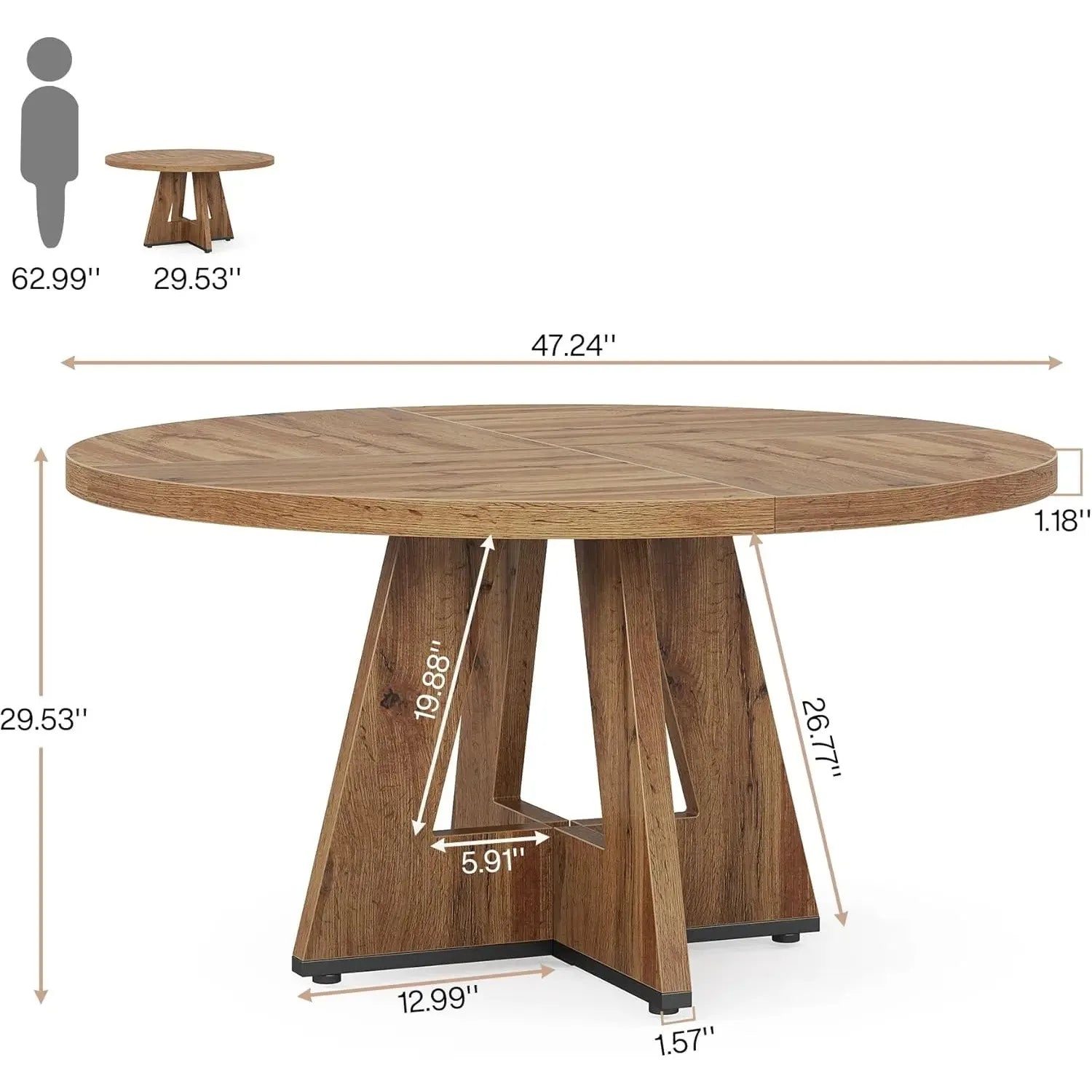 Wooden round table with dimensions labeled on a white background