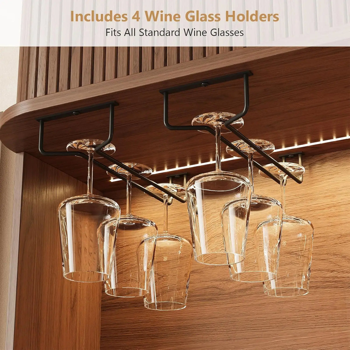 Sablenote brown cabinet stemware-holder detail beneath the upper cabinet.