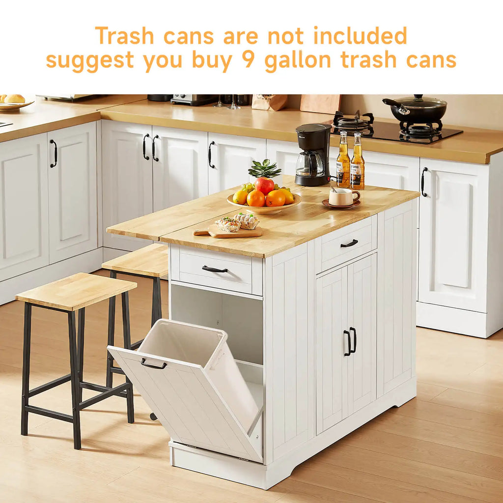 Sablecharm ivory island with open tilt-out trash compartment and two stools; trash can not included