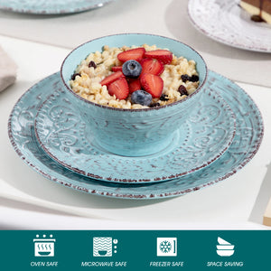 VANCASSO VINE Embossed Stoneware Dinnerware Set – 16/32/48 Pieces, Beige & Blue-Green