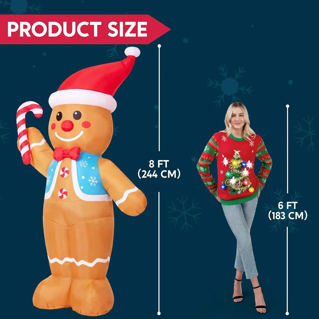 Pepperbow height graphic showing an approximately eight-foot-tall gingerbread inflatable beside an adult.