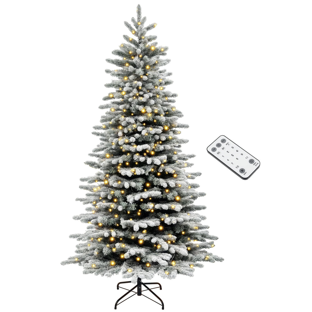 Mountainglow snow-flocked Christmas tree with warm lights, remote and dark stand