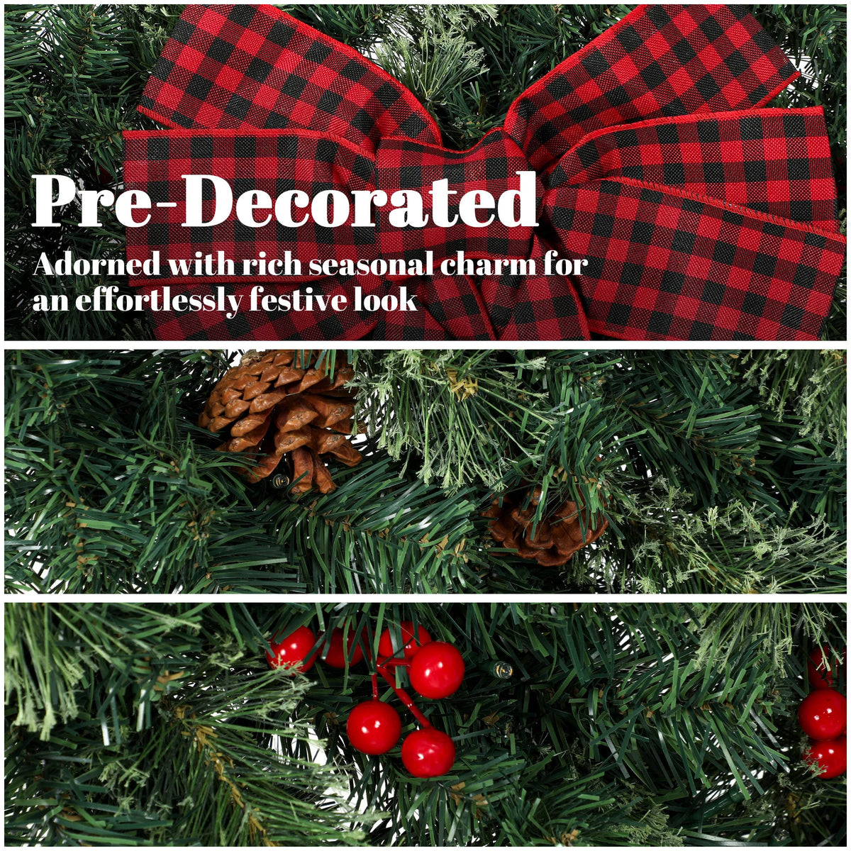 Close-up of Berrivale's plaid bow, pinecones, red berry accents, and artificial greenery