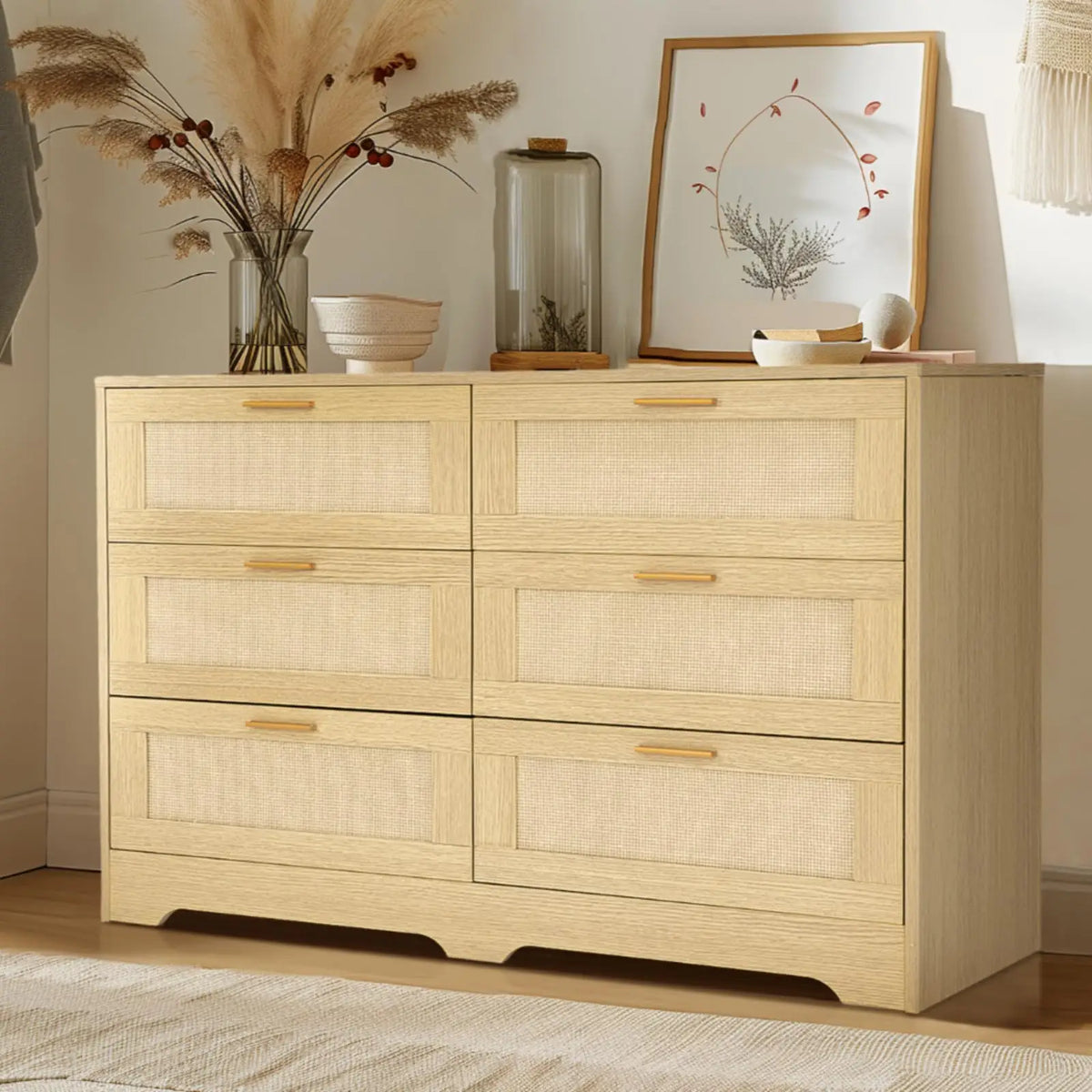 Merewick Natural six-drawer dresser with woven panels and gold-tone handles