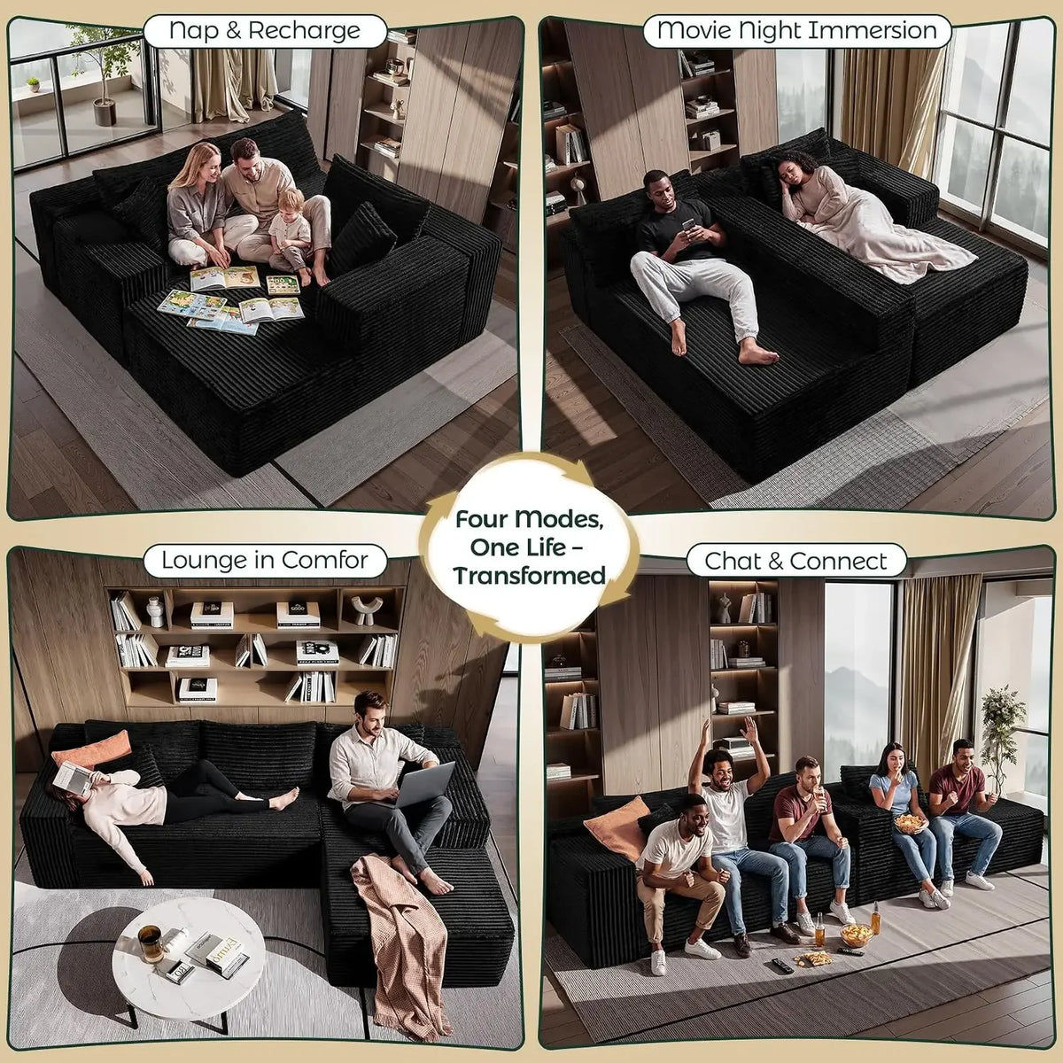 Sablewynn black corduroy sectional collage showing four seating arrangements