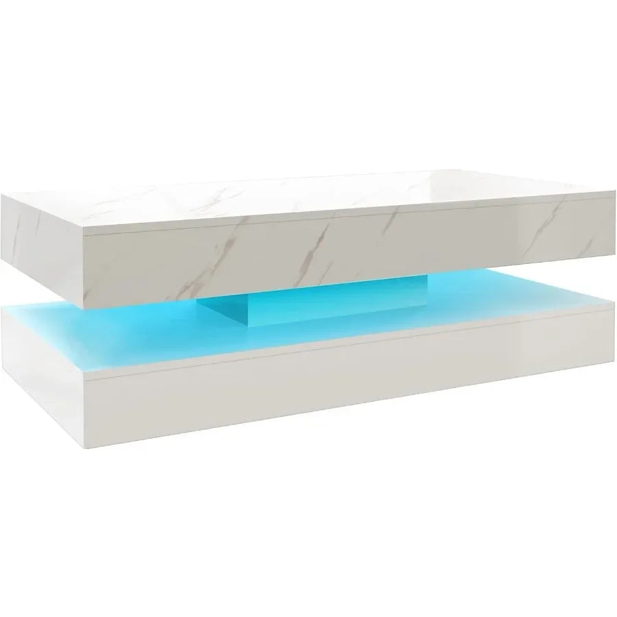 Unstaged marble-look coffee table with cyan lighting beneath its top