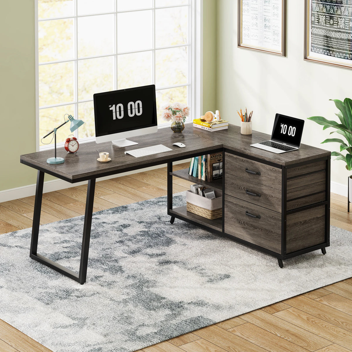 Prismveil L-shaped computer desk in gray finish