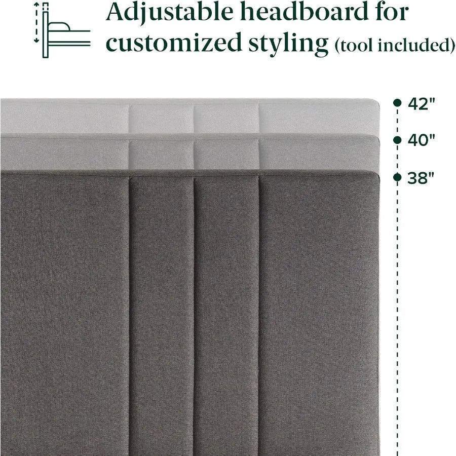 Adjustable upholstered headboard graphic showing 38-, 40- and 42-inch height positions.