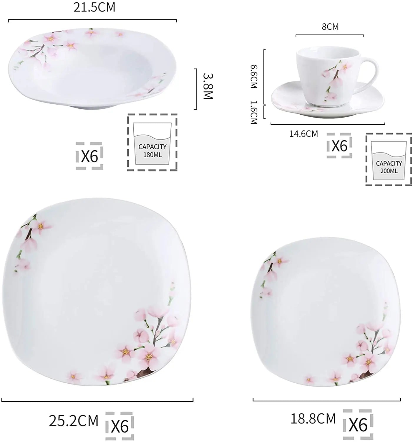 VEWEET Annie 30-Piece Porcelain Dinnerware Set – Pink Floral, Service for 6