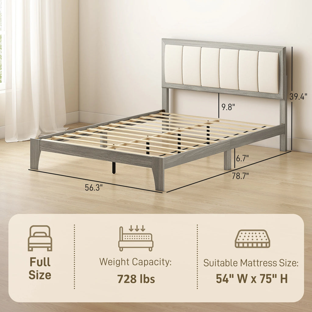 Gray metal bed frame with dimensions and specifications on a wooden floor.