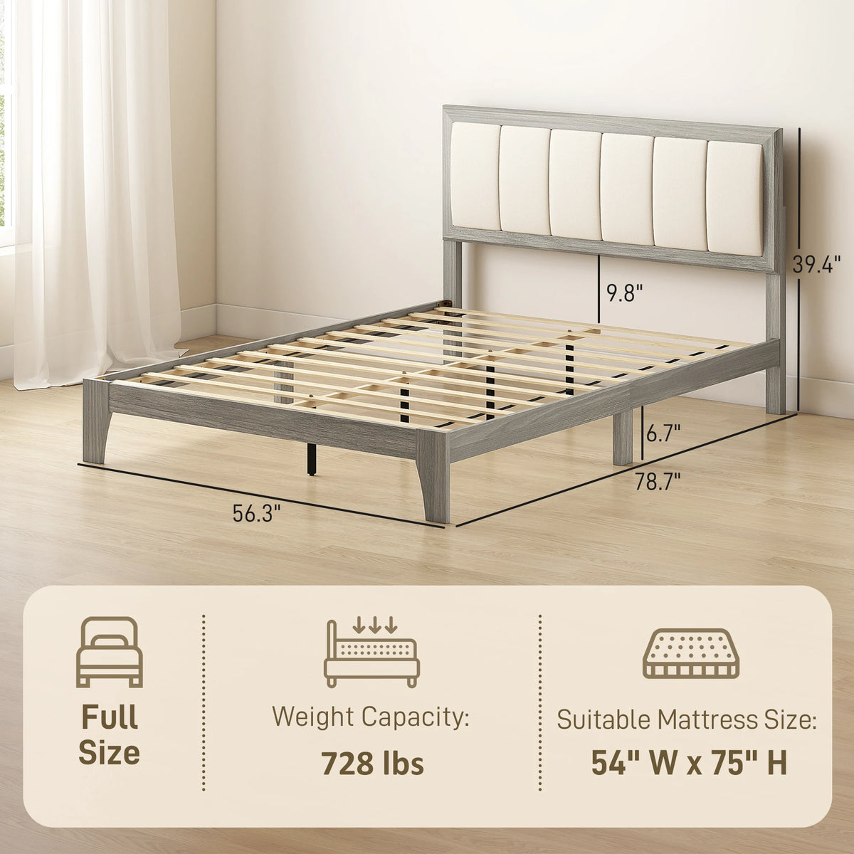 Gray metal bed frame with dimensions and specifications on a wooden floor.