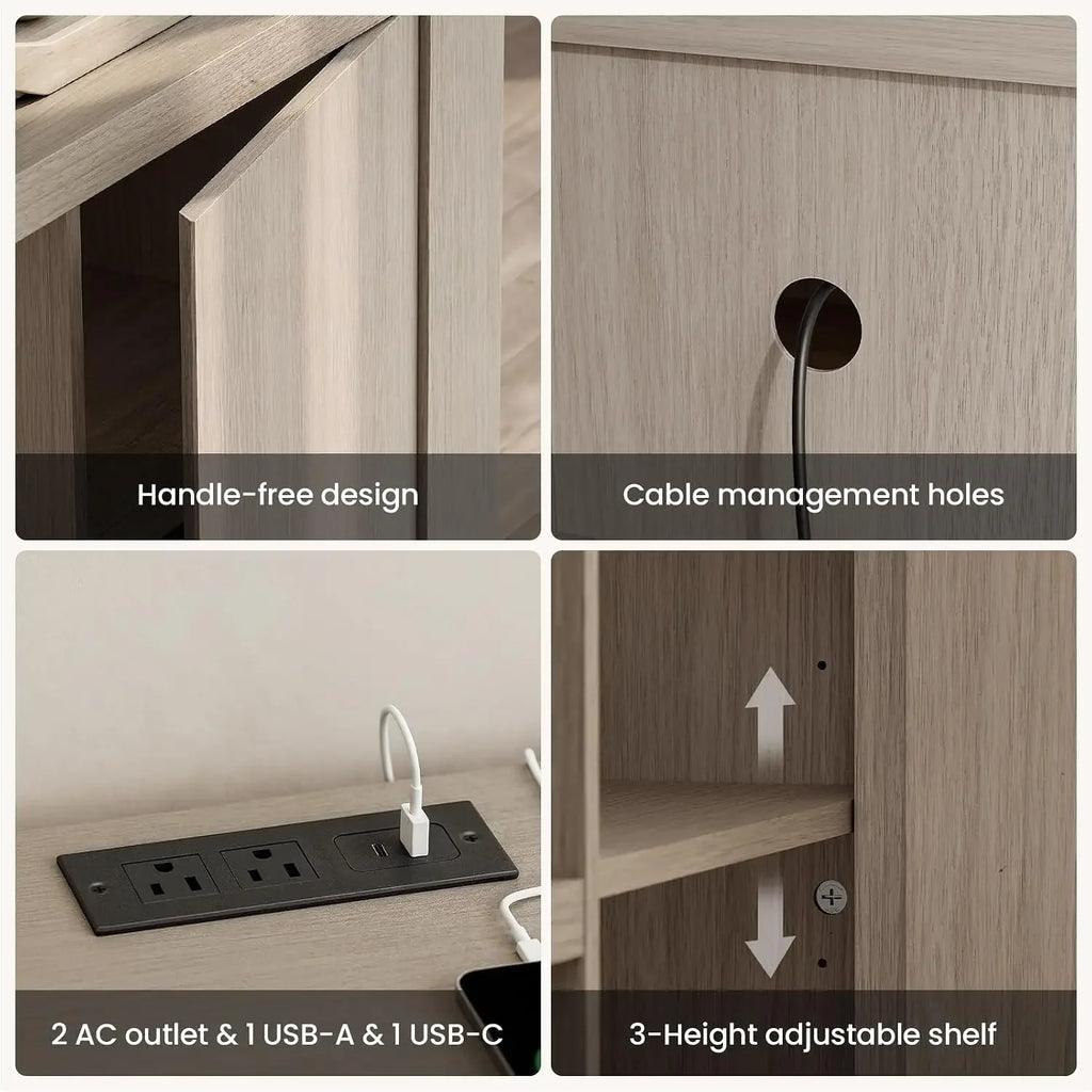 Mellorin details showing handle-free doors, cable routing and two AC outlets with USB-A and USB-C.