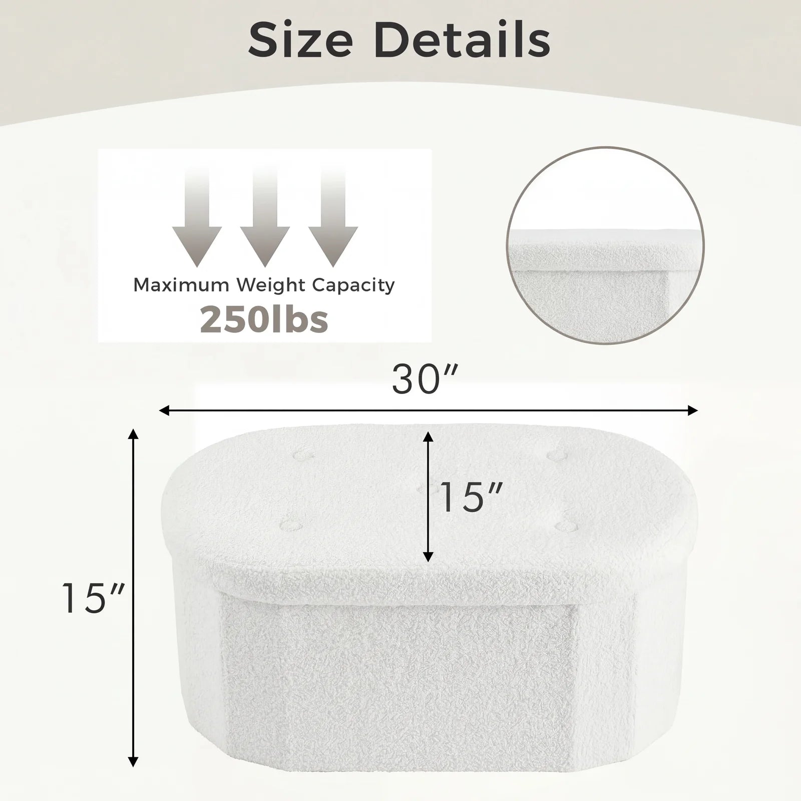 Measurement chart for a white cushion with dimensions and weight capacity details.