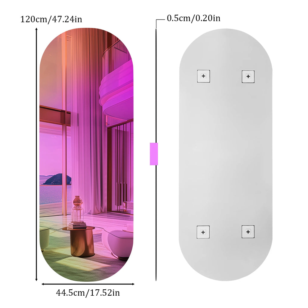 Measurement chart showing dimensions of a product with a scenic interior design.