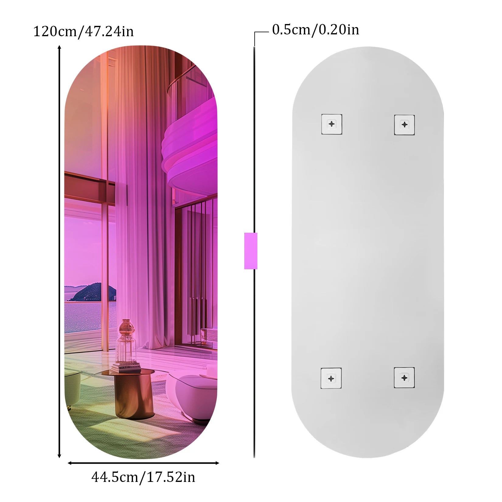 Measurement chart showing dimensions of a product with a scenic interior design.
