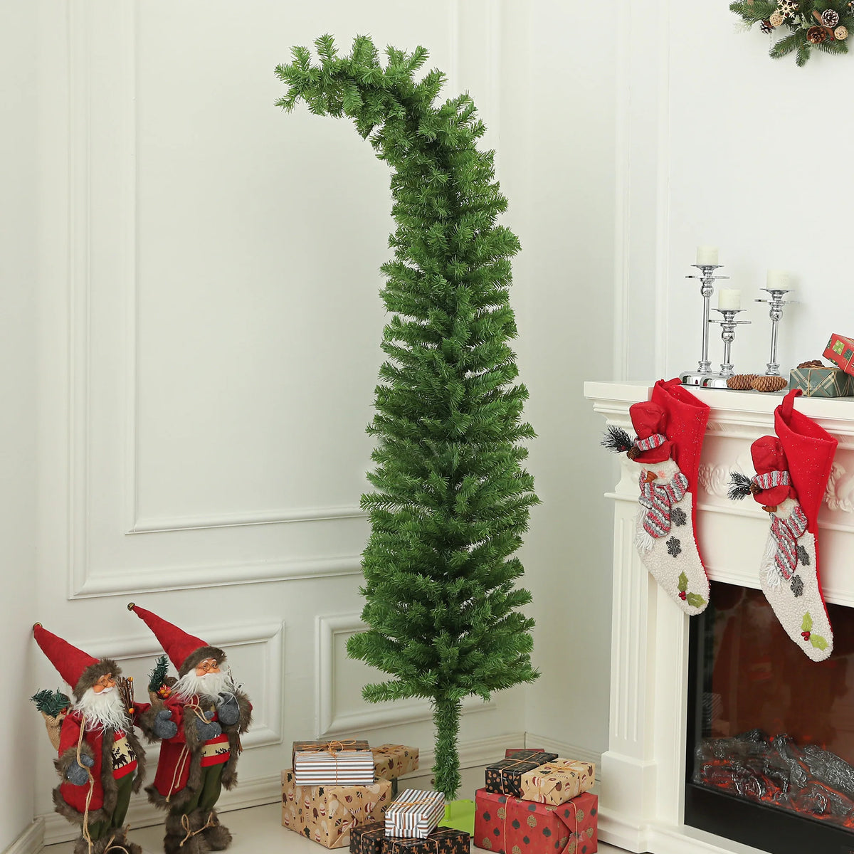 Curlpine whimsical slim Christmas tree styled in a living room