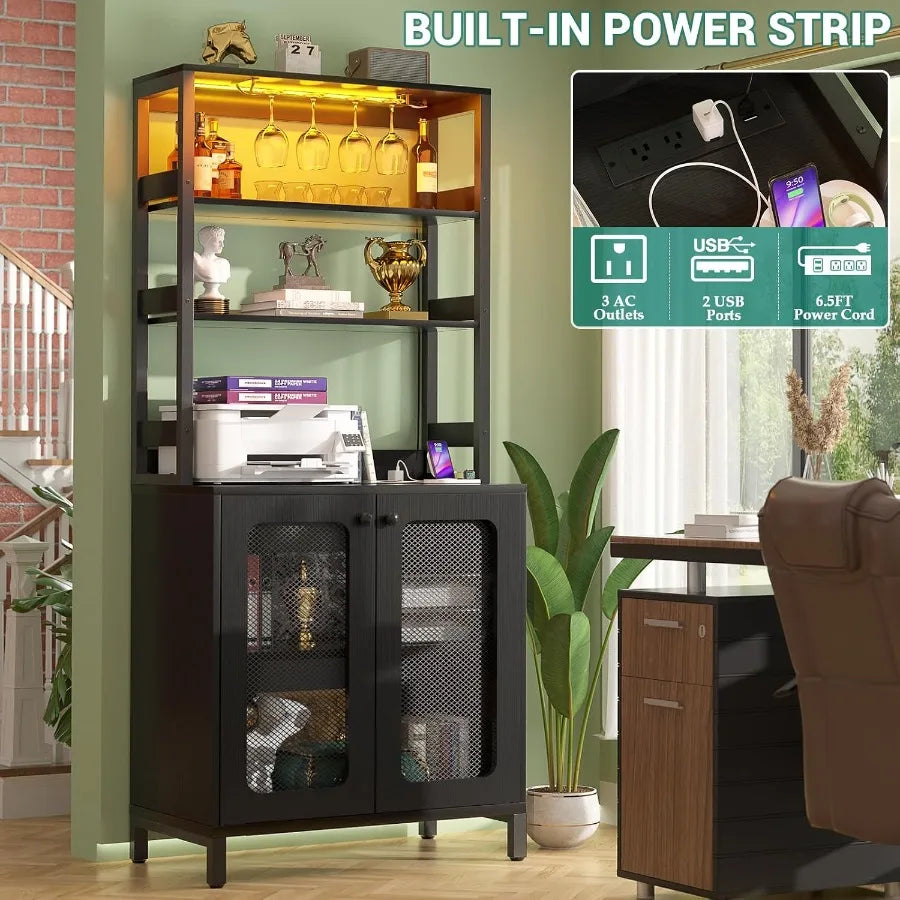 Black storage cabinet styled as an office station, with a built-in power-strip detail and warm yellow lighting.
