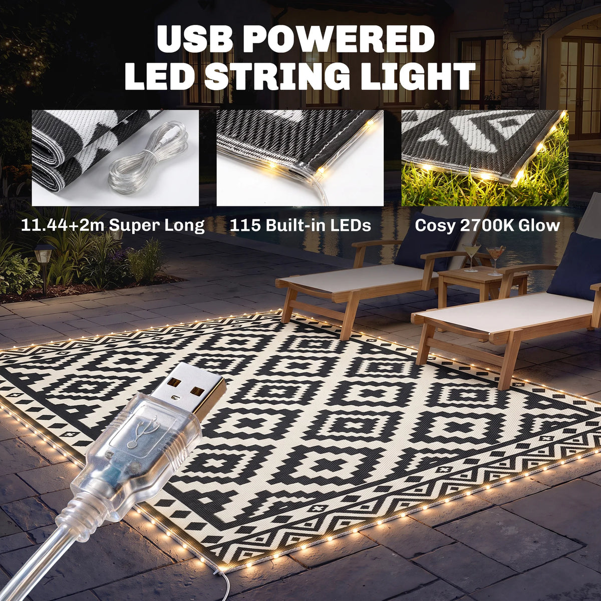 Luminweave LED Outdoor Rug - Black Geometric