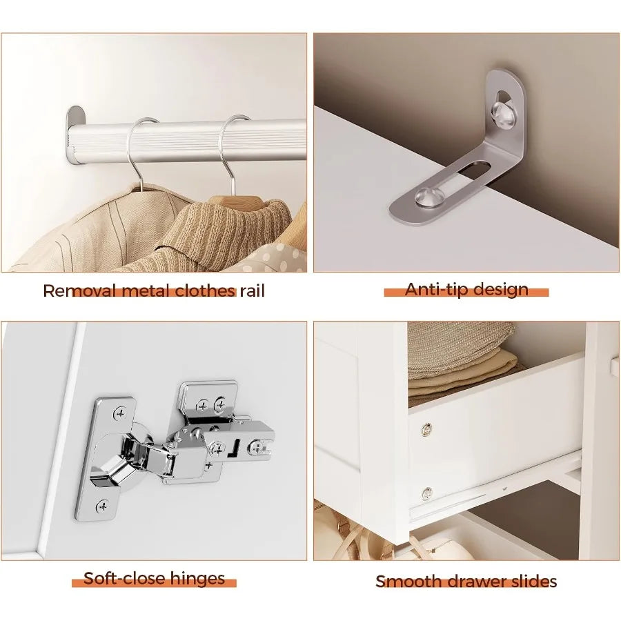 Wardrobe hardware close-ups showing removable hanging rail, anti-tip wall bracket, soft-close hinge and drawer slide.
