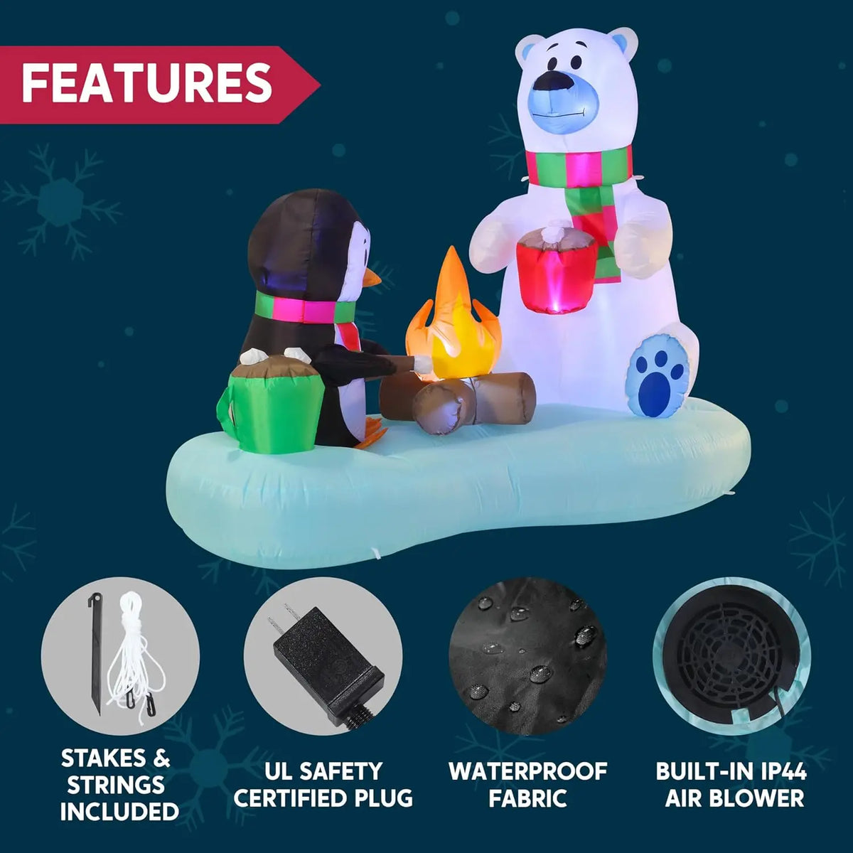 Cocoafrost blower, power adapter, fabric and ground-anchoring accessory details.