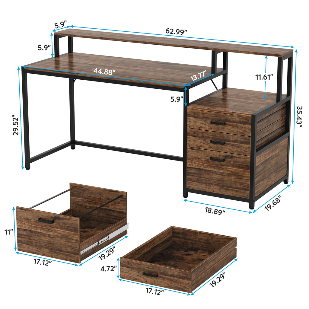 Wooden desk with dimensions on a white background