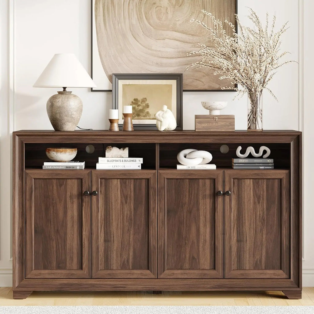 Front view of the Bramblenote four-door sideboard with two open upper cubbies.