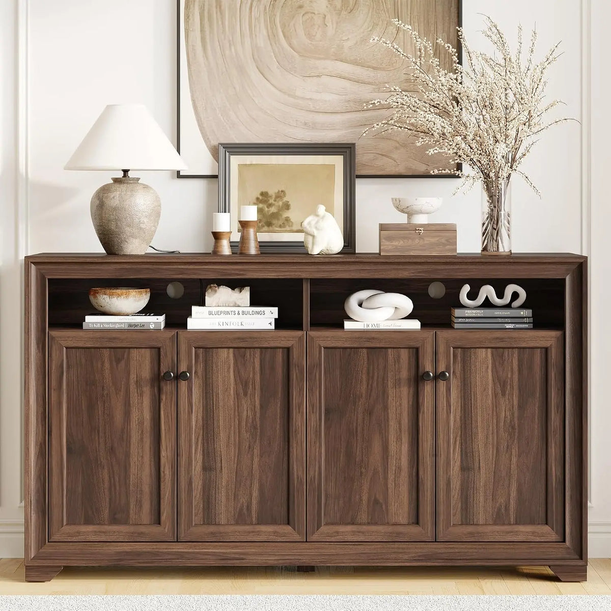 Front view of the Bramblenote four-door sideboard with two open upper cubbies.