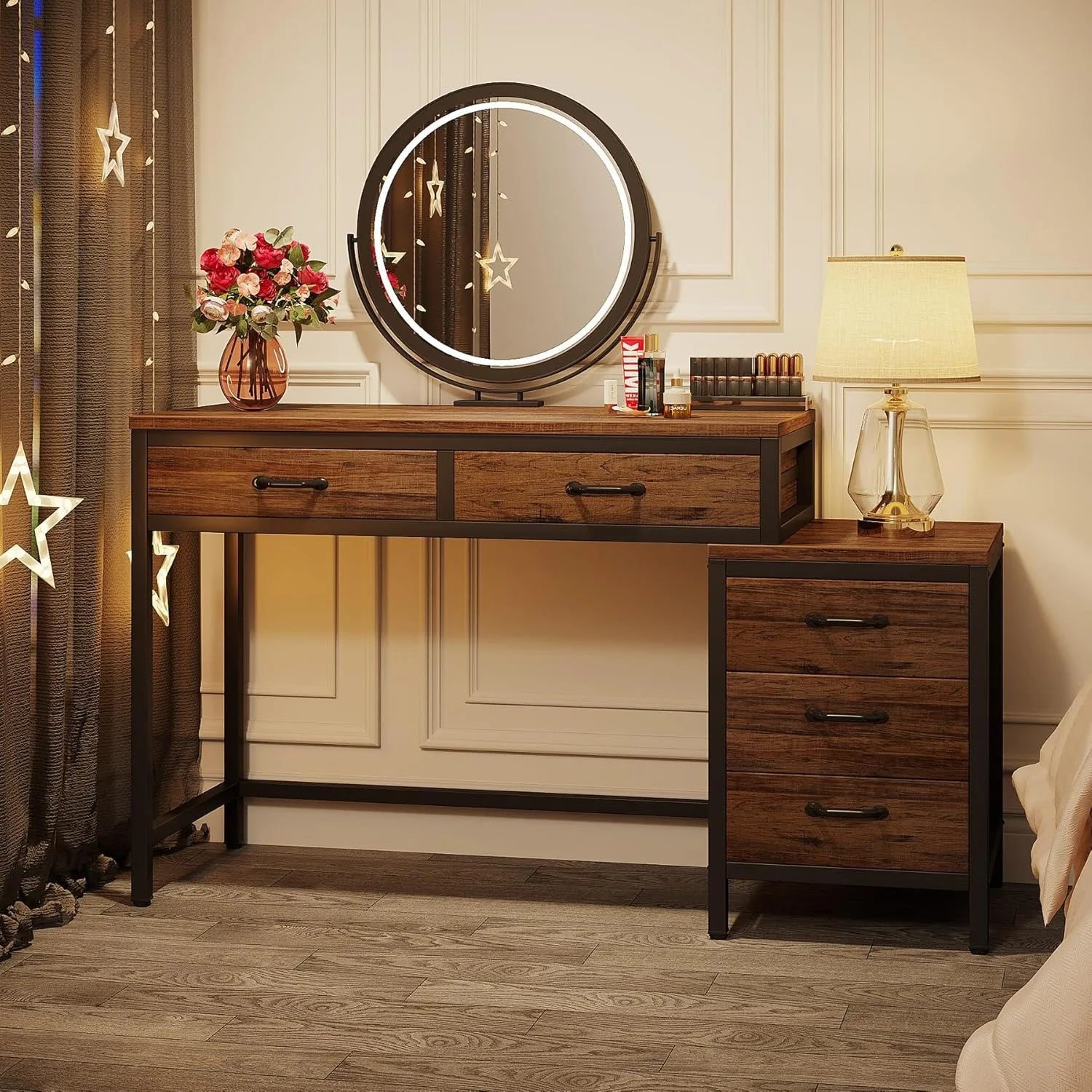 Rustic Industrial Vanity Desk with Drawer Storage