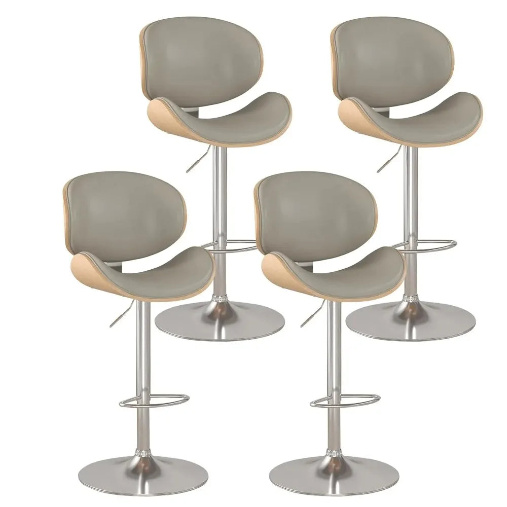Cressline set of four gray adjustable swivel bar stools with curved wood-look panels and polished metal bases