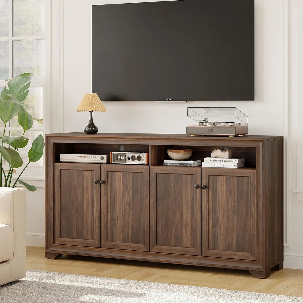 Bramblenote walnut-look cabinet in a living room with open upper storage and four doors.