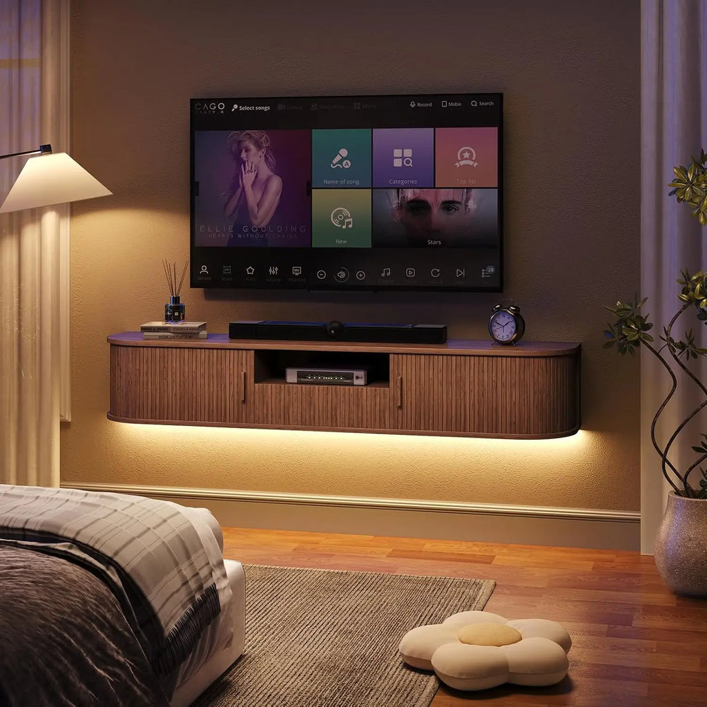 Melodyhalo floating TV stand with warm underlighting in a bedroom setting.