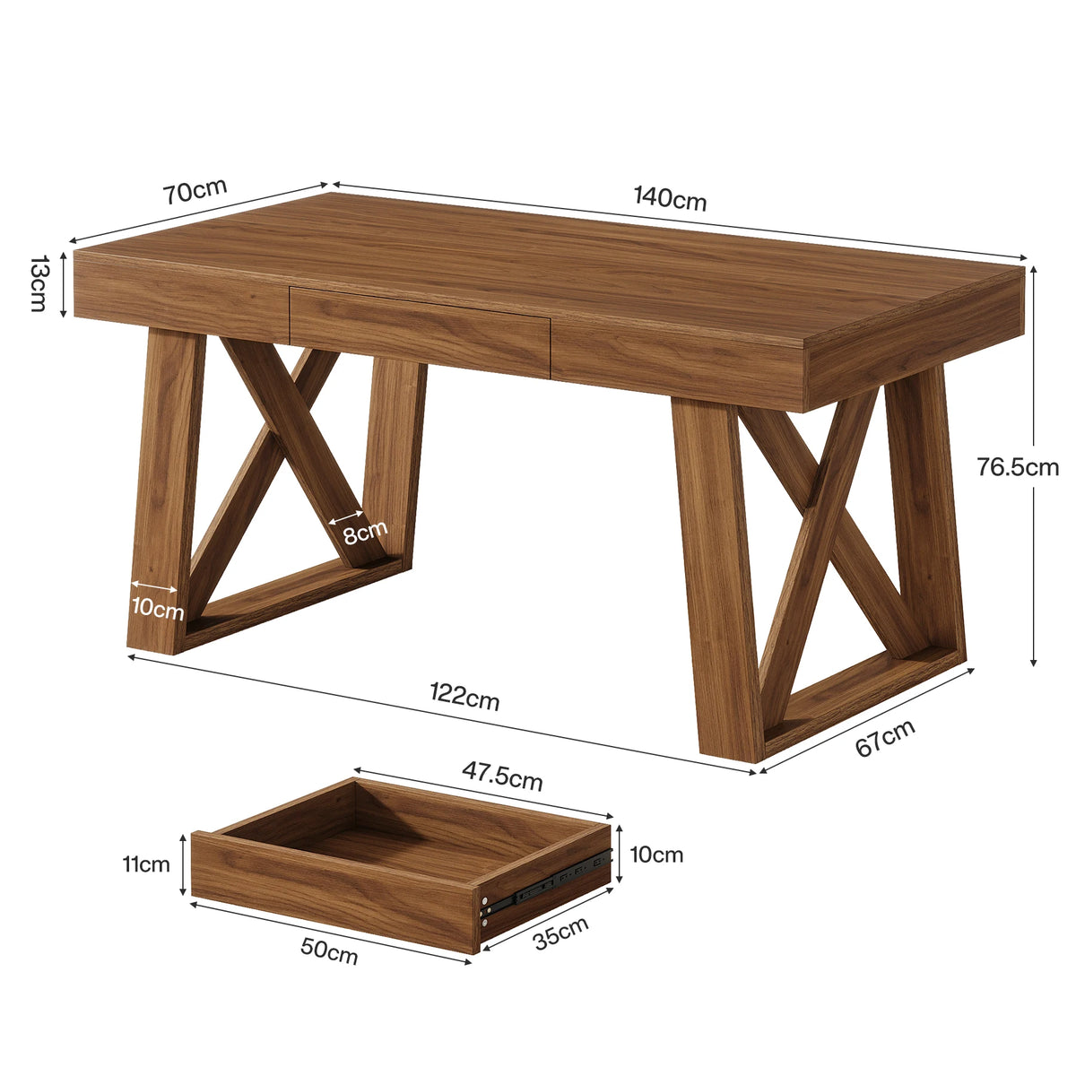Irisarc dimension diagram showing desk, X-frame and drawer reference measurements