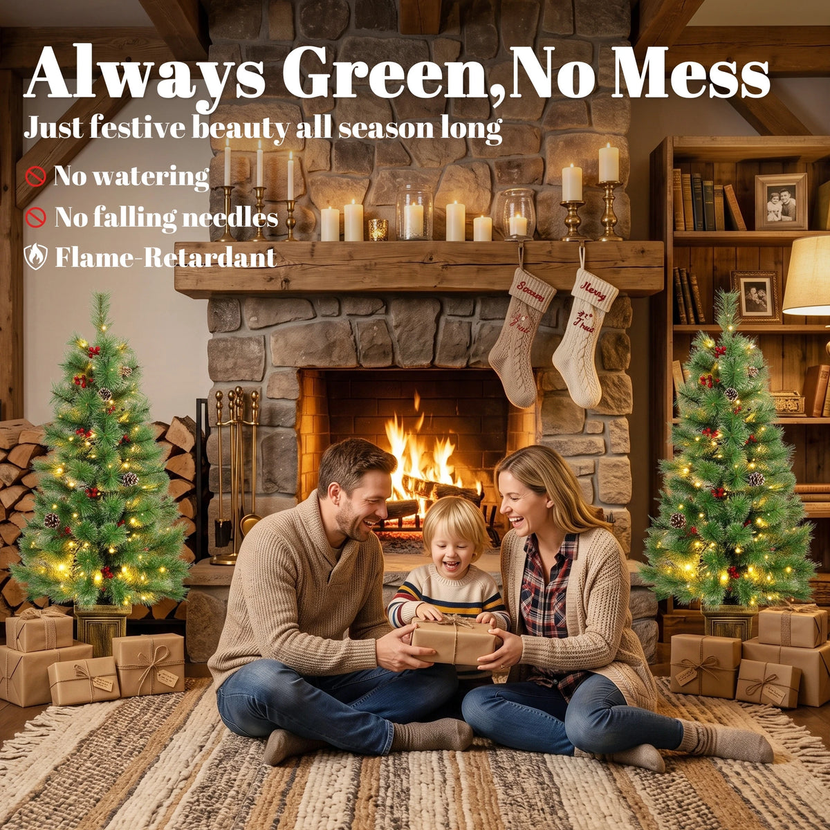Berryglow paired pre-lit trees shown with flame-retardant foliage