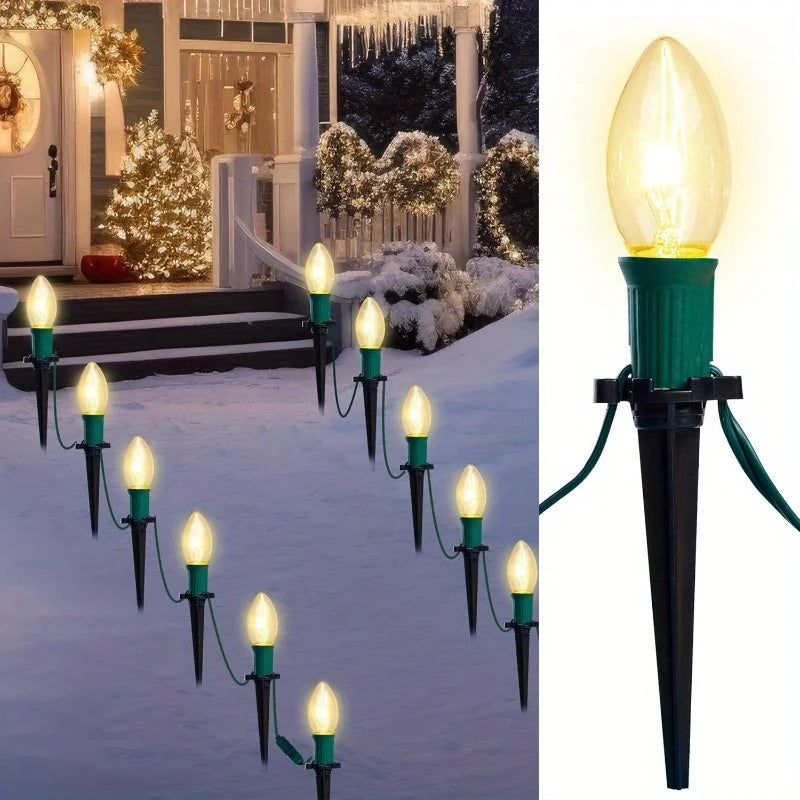 Glowtrail warm white C9 bulbs illuminating an outdoor pathway.