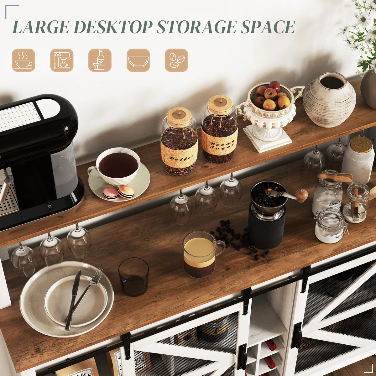 Overhead view of Crestmere brown work surfaces and hanging stemware holders